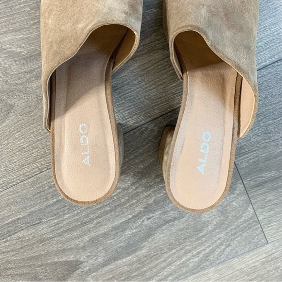 Aldo Suede Aldosina Block Heel Open Toe Mules Tan Size 7.5 - Picture 12 of 16